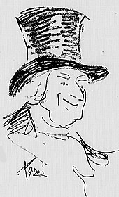 Drawing of a white, middle-aged clean-shaven man in a top hat, smiling benevolently