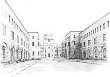 Buildings on three sides of an empty rectangular central area. To left and right, three storeys, with regularly positioned large arched windows and doors at ground level, smaller rectangular windows at first-floor level above each arch, and two or three rectangular windows, smaller still, at second-floor level. There is no visible roof. At the far end, wide steps lead up between buildings of similar height and design, with a central squat tower (octagonal top on a square base) above a large doorway