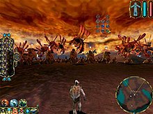 A humanoid stands in the foreground, facing away. Various creatures, large and small, are arrayed in front of him in a line. The scenery is tinged in red, including the clouds swirling above. Various icons and gauges line the left and right of the screen.