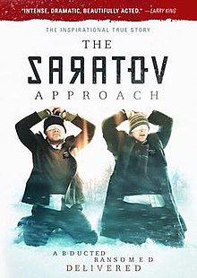 two men in winter clothing kneel down on the snow. the words the saratov approach are printed above their heads onto the white background.