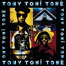 A group of four pictures is bordered by a black background with the name "Tony Toni Toné" written four times in blue. The upper right corner photo of the group of pictures is a black and yellow image of a man in a hat and sunglasses. The upper left corner photo depicts a white house with a dark blue sky and a blue window. The lower left photo contains a red an black image of a man with sunglasses and dreadlocks. The lower right corner photo depicts a man in a black suit and gloves with white circles on them. He is seated in front of a piano that is facing the viewer. In the center of the photo, a circle contains the phrase "Sons of Soul".