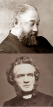 left: head and shoulders shot of balding, portly white man with a bushy bears; right: side-whiskered but otherwise clean shaven younger white man with dark hair