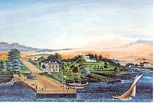 A painting of the hotel, circa 1850. The Mount Vernon Hotel is the yellow building on the north side of the street in the far background of the painting