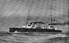 A large ship, with a black hull and light upper works, steams through choppy seas; dark black smoke drifts up from three funnels.