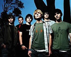 The original six members of Falling Up (2004). From left to right: Josh Shroy, Tom Cox, Joseph Kisselburgh, Jessy Ribordy, Andrew Wadlow, Jeremy Miller