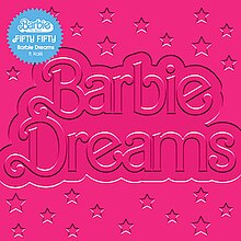 Cover art for "Barbie Dreams": the song title, as well as various stars that surround it, debossed onto a pink background