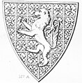 Arms of Percy, Beverley Minster, c.1350: A lion rampant. The diaper decoration of squared quatrefoils in the field has not been included in the blazon. Were the shield to show the tinctures, the blazon would be: Or, a lion rampant azure[9]