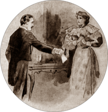 indoor scene; a man burns a letter while a woman watches in displeasure