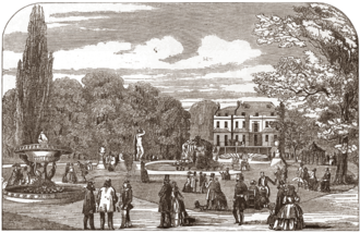 Exterior drawing of neo-classical house and gardens, with members of the public walking in it
