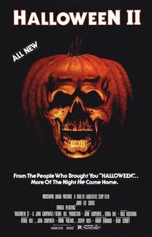 The top of the poster reads "HALLOWEEN II" and just under those words is the phrase "ALL NEW". To the bottom right of those words, taking up the centre of the poster, is an orange pumpkin seemingly morphed into the shape of a human skull. A tagline below this reads "From The People Who Brought You 'HALLOWEEN' ... More Of The Night He Came Home" At the bottom of the poster is a billing of the movie's cast and crew.