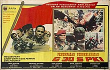 The film's five main characters against the Indonesian flag, with a still from a scene in the film