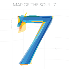 Large blue and yellow number seven in the center of a white square with "Map of the Soul: 7" written above it in grey lettering and all uppercase.