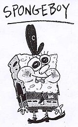 A black and white drawing of SpongeBoy with arms and feet wearing a hat. He wears a goofy grin in with a light grey shirt and darker grey pants.
