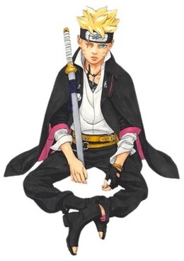 A picture of Boruto Uzumaki wearing a white and gray outlined shirt with a black and pink outfit, missing his right eye and with a katana laying on his right shoulder.