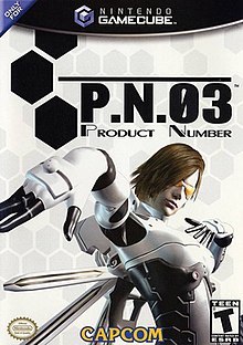 Artwork of a vertically rectangular box. Depicted in front of a white background is a woman in a white and grey outfit on the right side of the artwork. Above her head is the title "P.N.03" with the words "Product Number" below it.