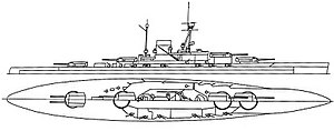 Illustration of a large ship with two tall masts, a large funnel amidships, and four large gun turrets on the center line.