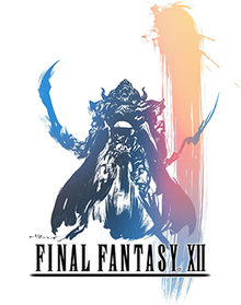 An armor-clad man with a long cape holds two curved swords. He stands above the logo of Final Fantasy XII. The piece is done in a pastel watercolor style with a large vertical streak on the right side fading from peach to pink to blue.