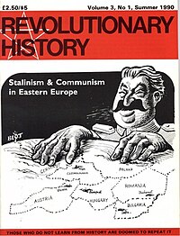 Cover of Revolutionary History journal showing a caricature of Stalin looming over a globe, with hands placed over Central and Eastern Europe