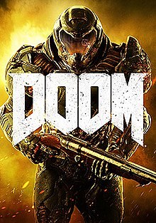 Doom's cover, featuring the Doom Slayer standing, with Super Shotgun, behind the game's name