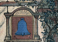 Detail showing vertical hatchings, a variety of ink colours, and stippling.
