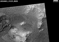 Central uplift of an Unnamed crater on the floor of Molesworth Crater, as seen by HiRISE. Dark sand dunes are on left side of image. The scale bar is 500 meters long.