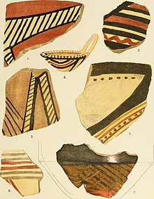 Diagram of fragments of pottery, coloured with bold stripes