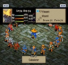 A character is standing in the middle of a circle surrounded by other characters. At the top of the screen is a box with various statistics.