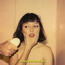 A photo of Stella looking down at a hand holding a bar of soap pointed towards her mouth. Stella is pressing her hand over her mouth. Yellow text at the bottom of the image reads "Beware of the dogs".