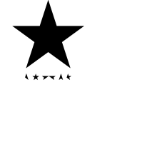 A white background with a large black star and smaller parts of a five-pointed star that spell out "BOWIE"