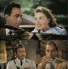 Two color film screenshots, one stacked on top of the other. The top image shows a man and woman in a car, the man driving. The bottom screenshot has two men, one watching as the other drinks from a glass.
