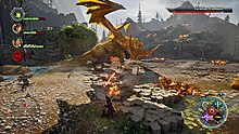 A gameplay screenshot showing the Inquisitor fighting the Fereldan Frostback dragon