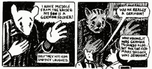 Two comics panels, in which the cartoonist cannot decide to depict a character as a mouse or a cat.