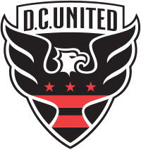 A shield with stylized black eagle facing right with three red stars and two red strips across its chest, and the words "D.C. UNITED" above.