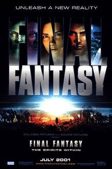 Theatrical poster for Final Fantasy: The Spirits Within featuring five characters and the tagline "Unleash a New Reality".