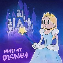 A cartoon drawing of a girl dressed as Cinderella holding a star wand. She stands in front of a cartoon drawing of Cinderella's castle.