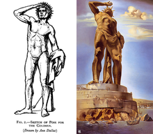 A black and white drawing of the Colossus of Rhodes from Herbert Maryon's 1954 paper, next to a Salvador Dalí's 1954 rendering of the Colossus
