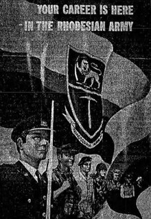 Black and white image of seven men in military uniforms below a large flag. The image includes a text reading "Your career is here - in the Rhodesian Army".