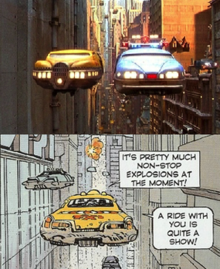 screenshot of a flying taxi in the film, placed above a drawing of a flying taxi from a comic book