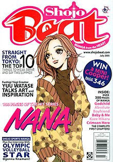 First cover of Shojo Beat featuring a young woman looking over her shoulder with one hand on her neck and the other in her pocket. The magazine name is written in a scripted, wide-lettered font with "Shojo" in pink and "Beat" in a larger, red font. A swoosh comes from the Beat with the magazine motto "Manga from the Heart" in white on the same pink background. Headlines from the magazine stories are noted on the left side, and on the right the magazine's URL, issue date, series list, and barcode are given.