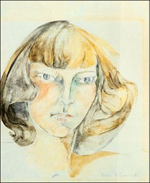 A stylized watercolor of a woman with brown bangs, neck-length hair, and wide-set blue eyes. She appears to be staring dreamily into the distance.