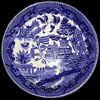 A blue and white Staffordshire Willow pattern plate