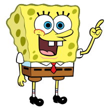 A cartoon illustration of a yellow rectangular sponge with olive-green holes smiling with his blue eyes and red dimpled checks.