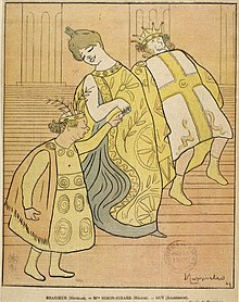caricature of young woman, with a small and weedy man and a large robust man, all in Ancient Greek costume