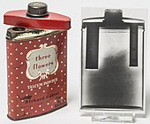 Two images of a talcum powder tin: a photograph showing the lid can be removed, showing hollow spaces above, and an x-ray, showing two hiding places.