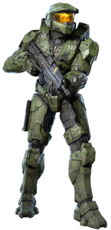A render of the article subject, a soldier encased in a black undersuit, with worn greenish metal armor worn over it. He carries a long, black weapon in his right hand, and wears a helmet with a golden, reflective visor.