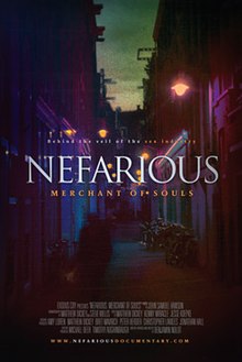 A photograph of a narrow street lit by street lamps with the word "Nefarious" superimposed on top in white and the words "Merchant of Souls" in orange below