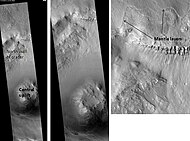 Mohawk Crater, as seen by HiRISE. Images to the right are enlargements. Far left image shows northern wall, part of crater floor, and the central uplift. Layers in the mantle layer are visible in the far right image.