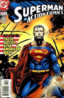 Superman on his knees surrounded by devastation and an American flag in tatters.