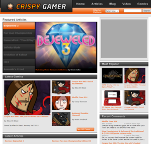 The website featured sections covering many fields of video gaming. From the top section on the left in this screenshot, they were called Featured Articles, Latest Comics, and Latest Articles; the upper and lower sections on the right were called Most Popular [Articles] and Recent Comments.