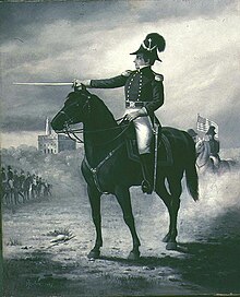 Joseph Smith sits on a black horse. Smith is in military uniform and holds a sword outstretched. He faces a line of men on horses, an American flag and the Nauvoo Temple are in the background